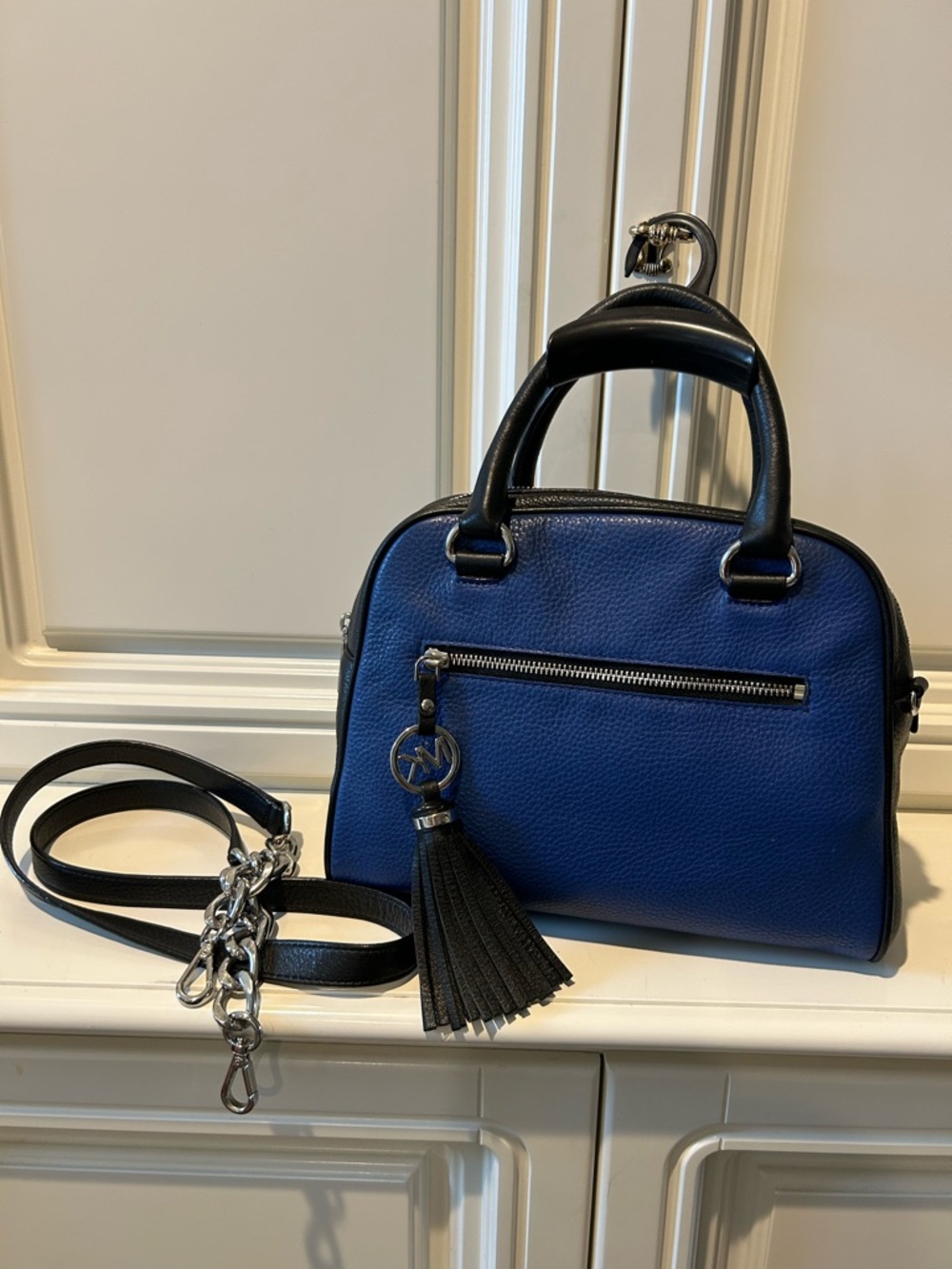 Michael Kors Blue and Black Leather Dome Crossbody Satchel